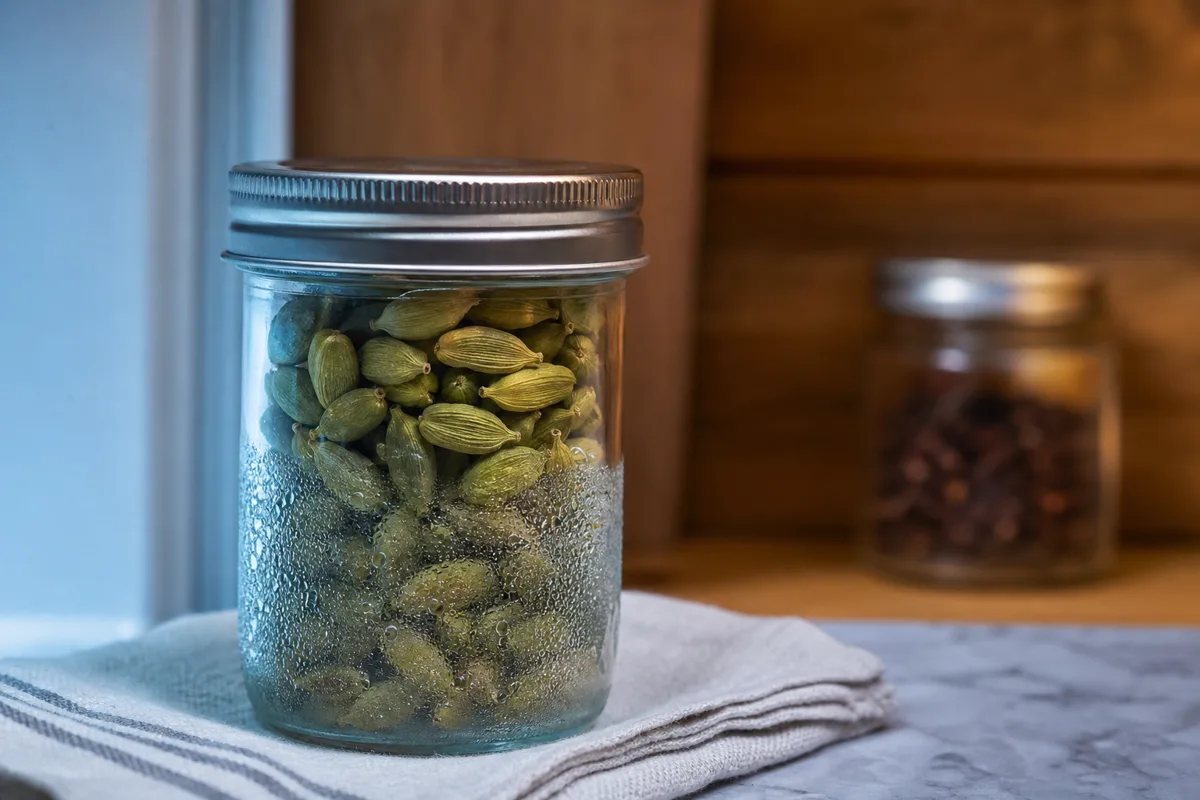 Cold sealed spice jar warming on a dry towel with condensation outside the glass and the lid still closed - refrigerated spice storage | KnowTheSpices