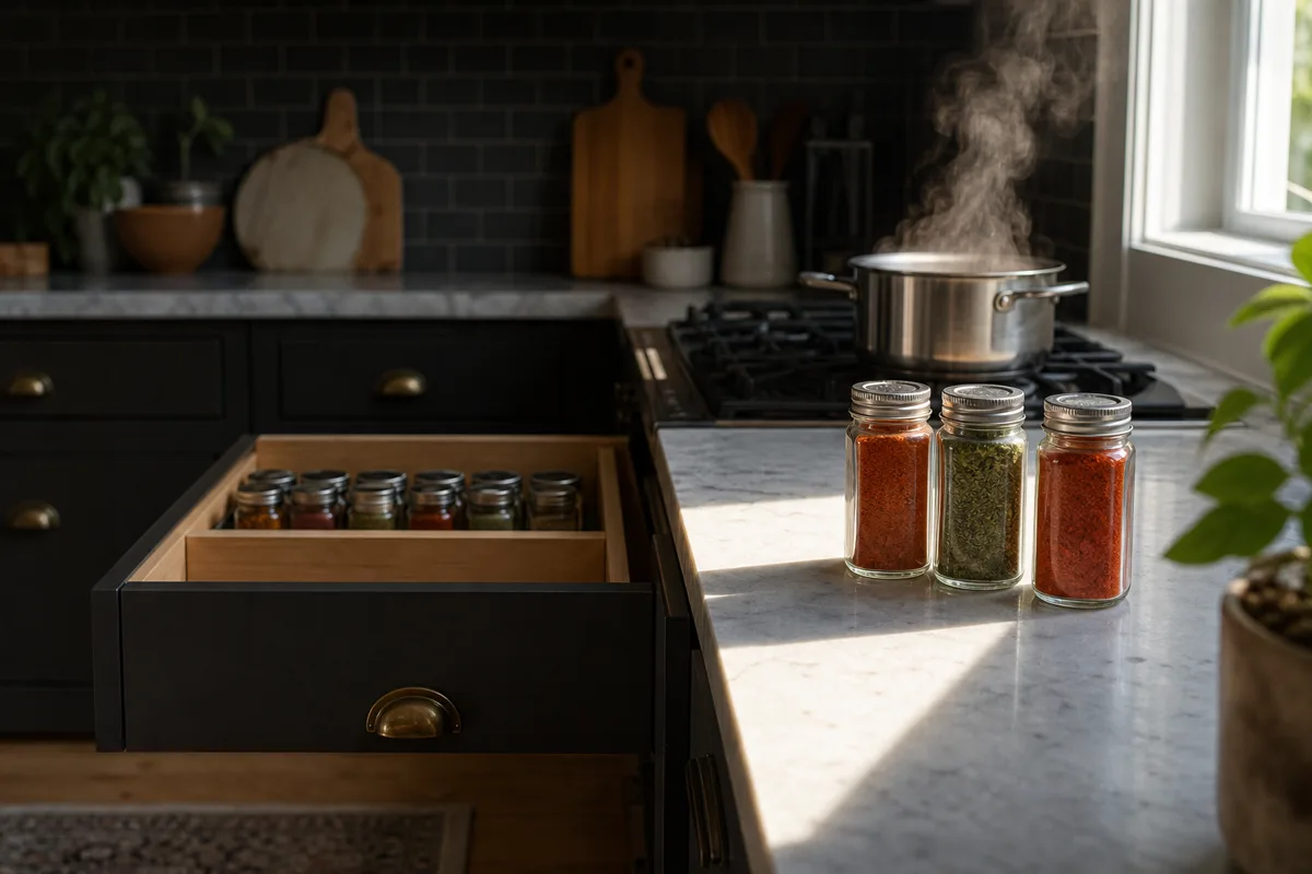 Red spice jars on a sunny counter beside a steaming pot contrasted with sealed jars in a dark drawer - spice storage risks | KnowTheSpices