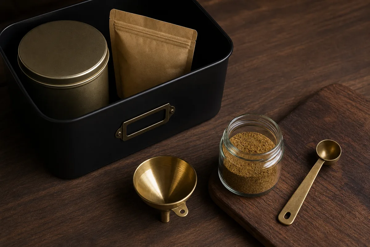 Small spice working jar near a prep board with a sealed refill pouch and reserve tin stored in a dark pantry bin - bulk spice storage | KnowTheSpices