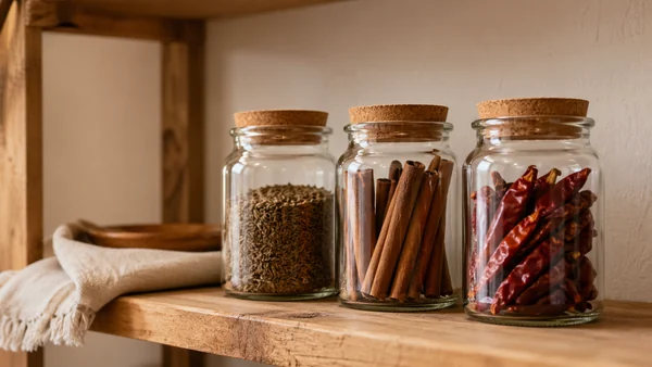 Glass spice jars with cork lids arranged on a warm wooden shelf