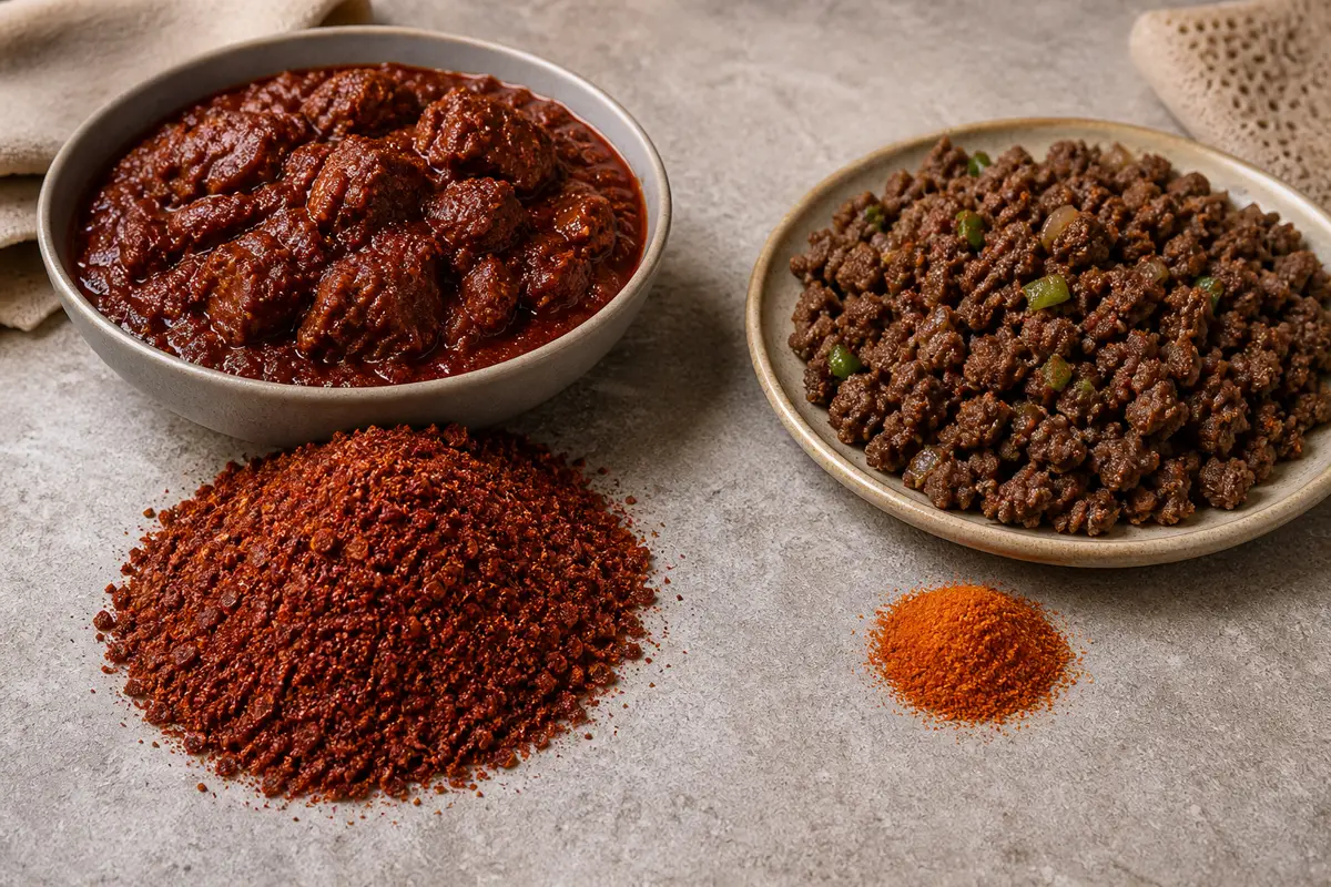 Coarser deep red berbere beside fine orange mitmita with wot and kitfo contexts - berbere versus mitmita | KnowTheSpices
