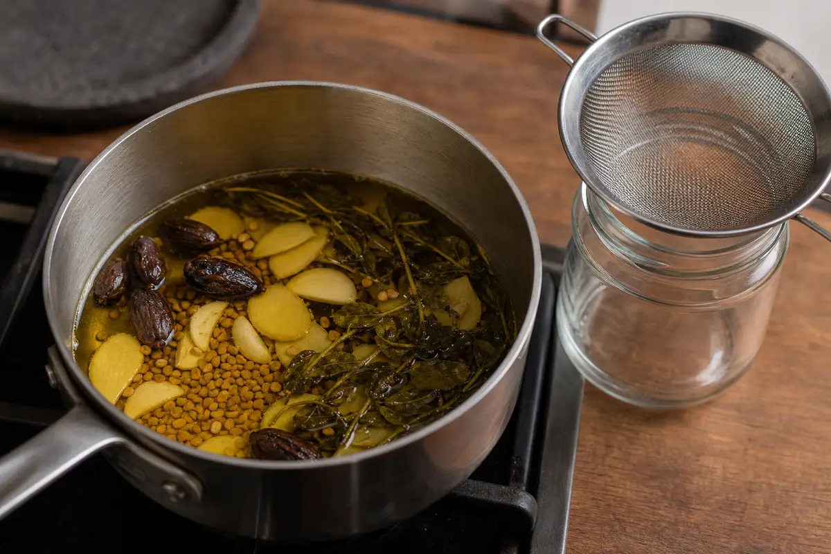Clarified butter infusing with korarima fenugreek garlic ginger koseret and sacred basil - niter kibbeh | KnowTheSpices