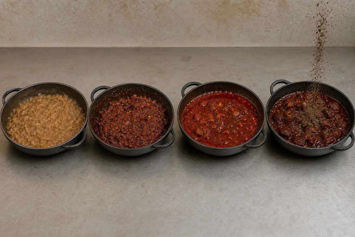 Ethiopian wot stages with reduced onions berbere and fat simmering sauce and mekelesha finish - layering Ethiopian spices | KnowTheSpices