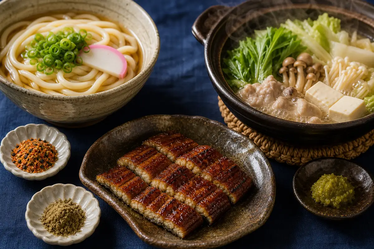 Shichimi togarashi sansho pepper and green yuzu kosho beside noodles grilled eel and hot pot - Japanese finishing seasonings | KnowTheSpices