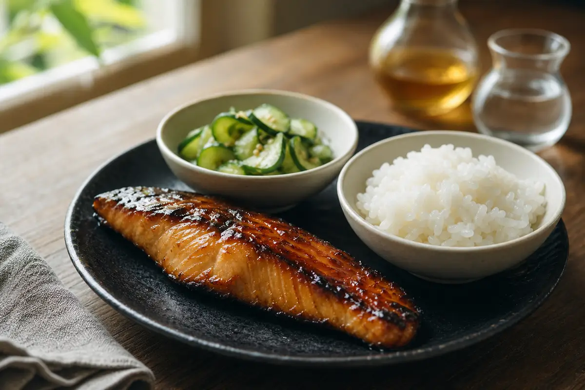 Glossy mirin soy glaze beside rice vinegar seasoned cucumber and sushi rice - mirin versus rice vinegar | KnowTheSpices