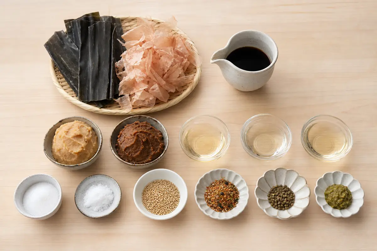 Japanese soy sauce miso kombu katsuobushi mirin rice vinegar sesame and finishing condiments - essential Japanese seasonings | KnowTheSpices
