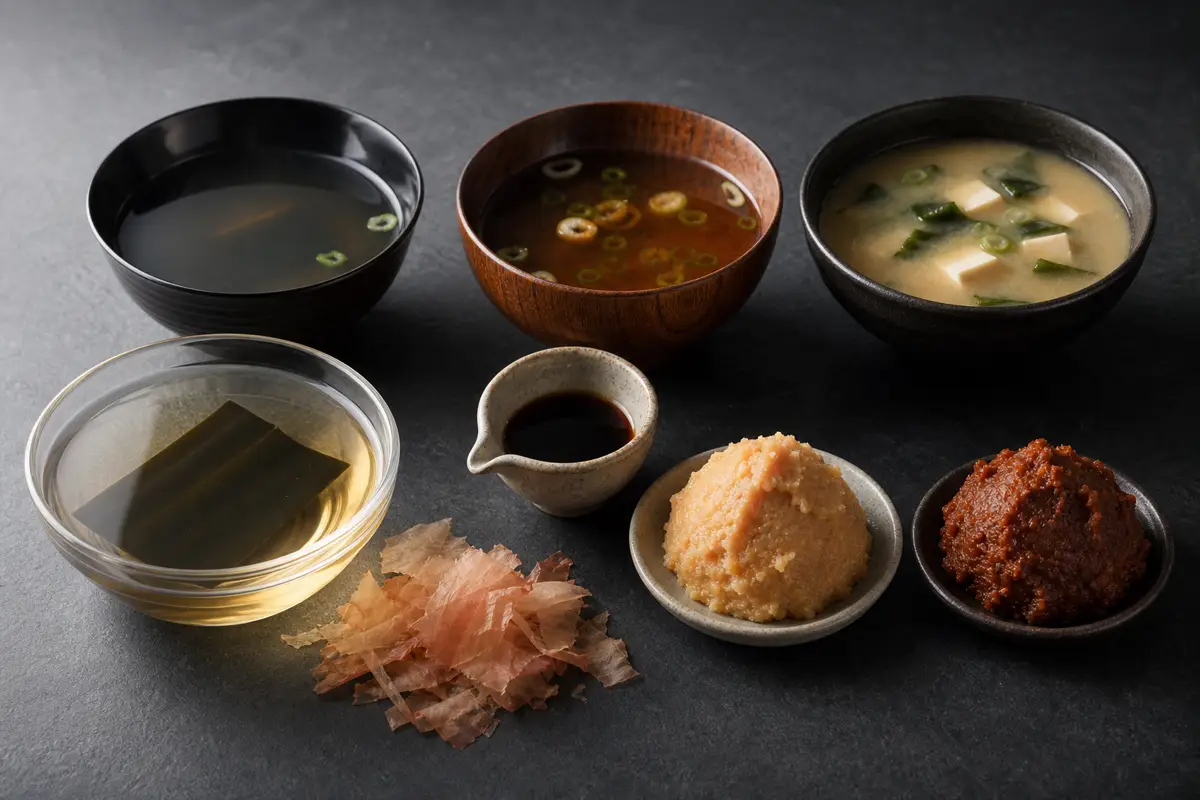 Clear kombu bonito dashi soy sauce and pale and red miso shown beside three soups - soy sauce miso and dashi | KnowTheSpices