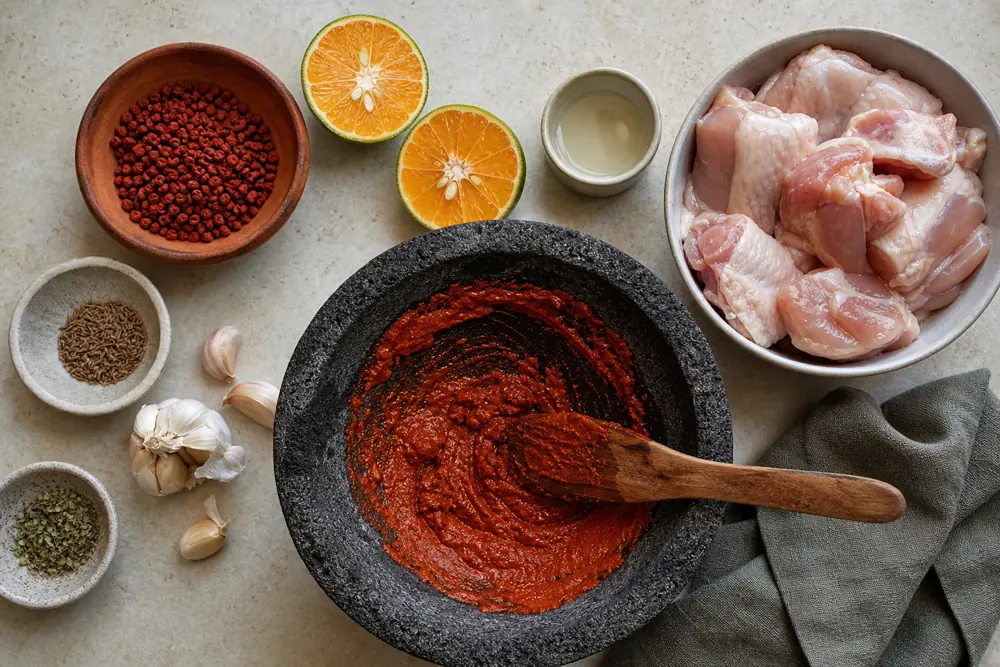 Annatto seeds, red achiote paste, sour orange, garlic, cumin, Mexican oregano, vinegar, and raw chicken ready for marinade
