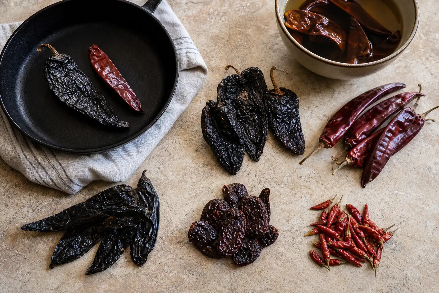 Dried ancho, guajillo, pasilla, chipotle, and arbol chiles with a skillet and a bowl of soaking water