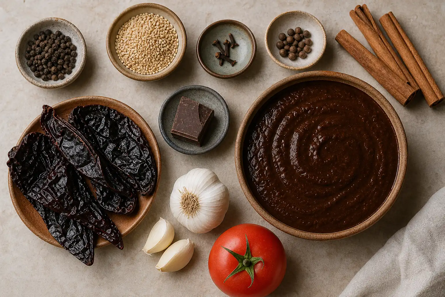 Cinnamon sticks, cloves, allspice berries, black peppercorns, sesame, chocolate, dried chiles, garlic, tomato, and a dark mole style sauce