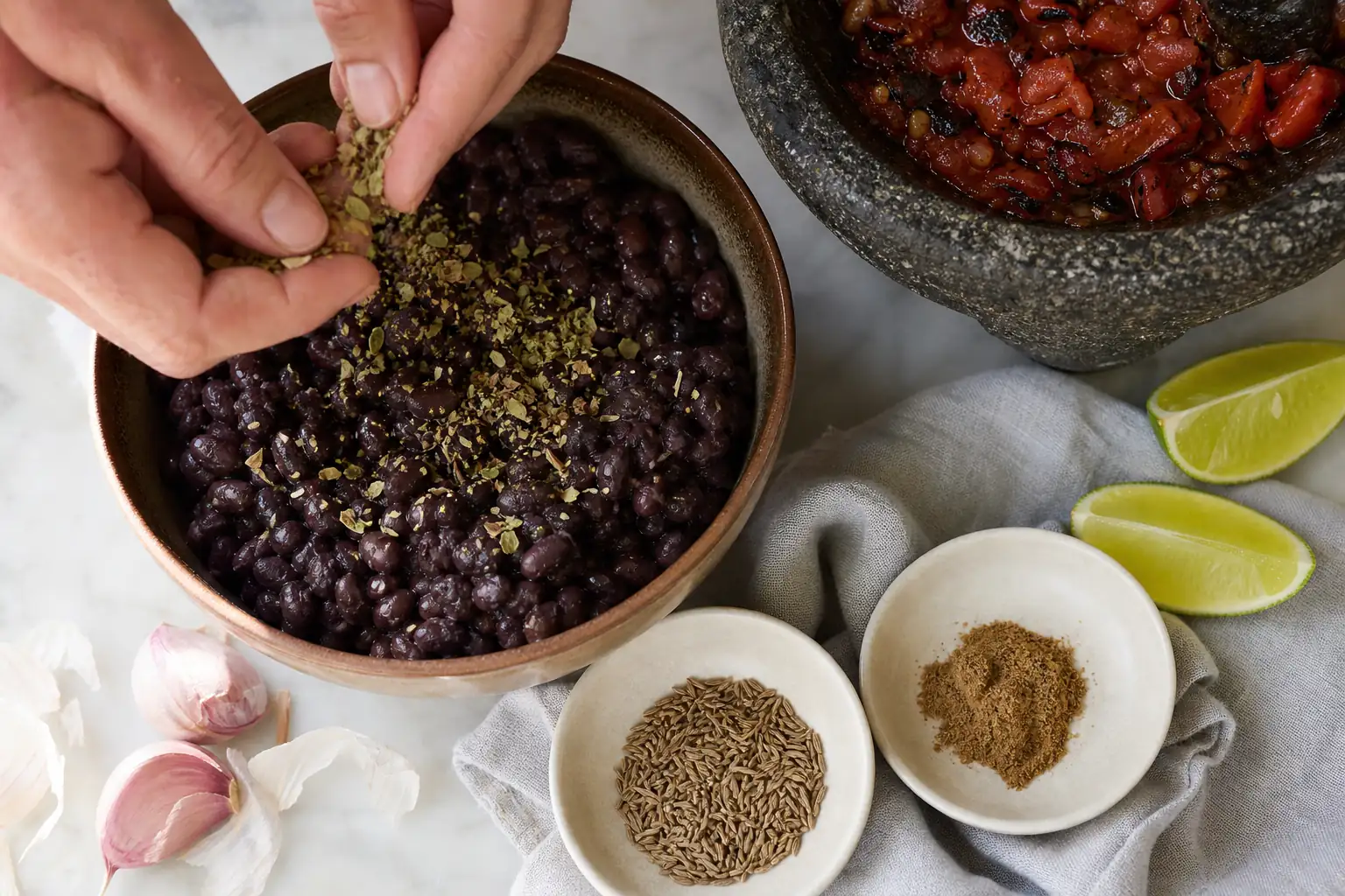 Hands crushing Mexican oregano over black beans beside cumin seeds, ground cumin, garlic, lime, and charred tomato salsa