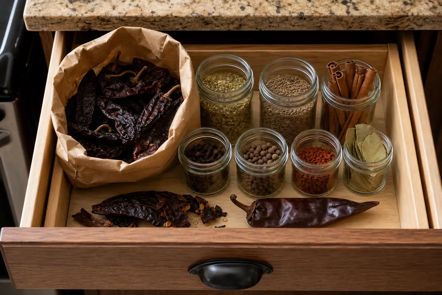 Pantry drawer with dried chiles, Mexican oregano, cumin seed, cinnamon sticks, cloves, allspice, annatto seeds, bay leaves, and broken chile pieces