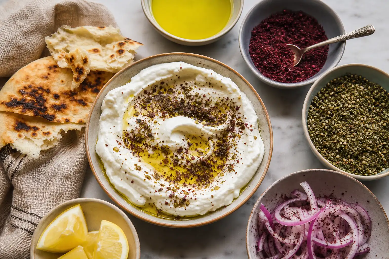 Labneh with olive oil, flatbread, sumac, zaatar, lemon wedges, and sliced onions dusted with sumac
