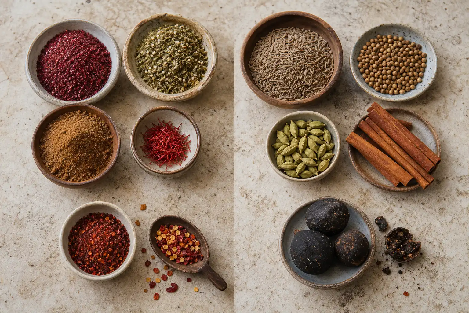 Bowls of sumac, zaatar, baharat, cumin, coriander, cardamom, cinnamon, saffron, dried lime, and chile flakes grouped by pantry job