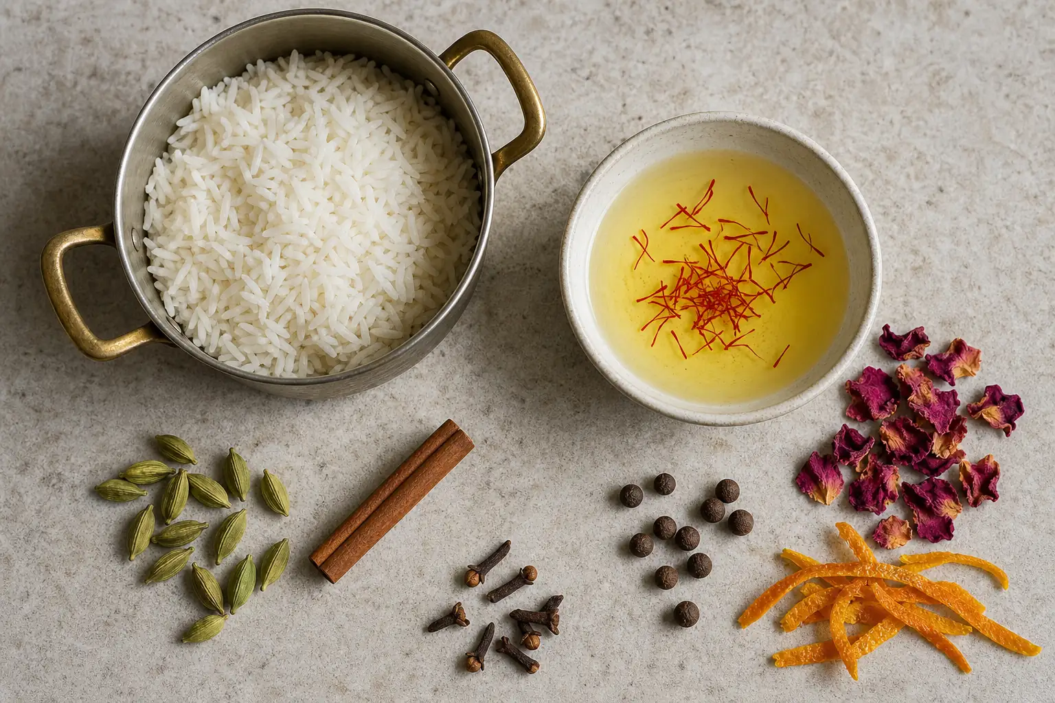 Rice, saffron blooming in warm water, cardamom pods, cinnamon, cloves, allspice, rose petals, and orange peel