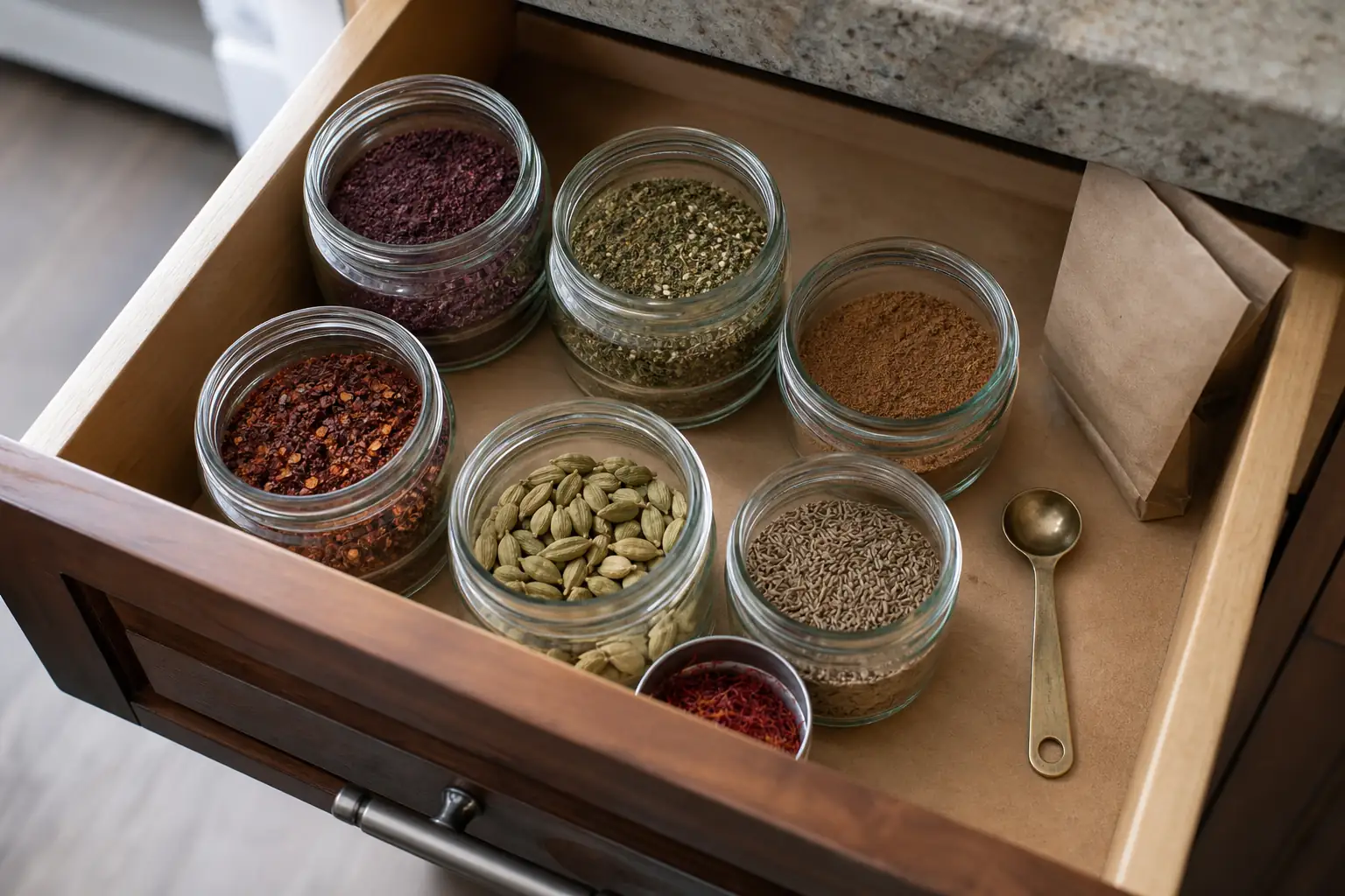 Small unlabeled jars of sumac, zaatar, baharat, Aleppo pepper flakes, cardamom pods, cumin seeds, and saffron in a pantry drawer