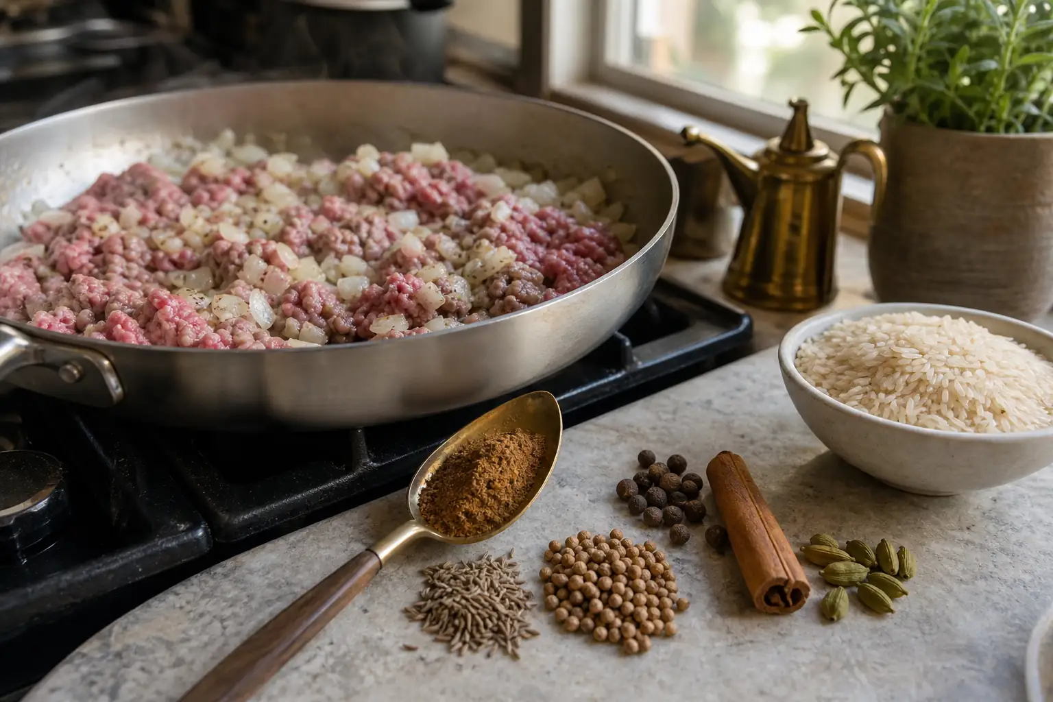 Ground meat and onions cooking beside baharat, cumin, coriander, allspice, cinnamon, cardamom, and rice
