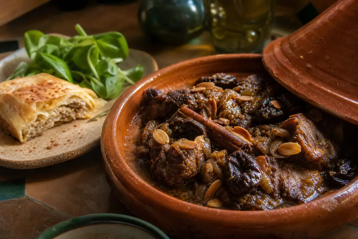 Cinnamon stick in lamb and prune tagine beside a light dusting on pastilla - cinnamon in savory Moroccan food | KnowTheSpices