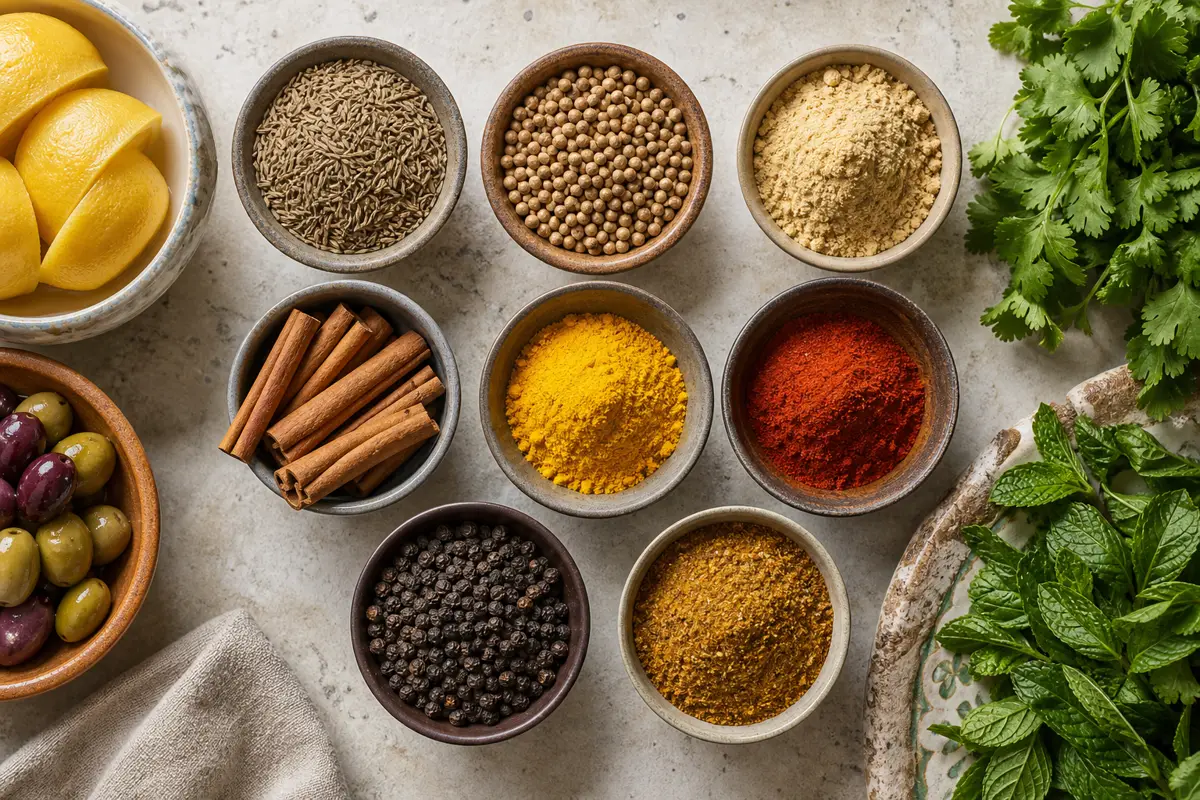 Eight Moroccan pantry spices arranged beside preserved lemon olives and herbs - essential Moroccan spices | KnowTheSpices