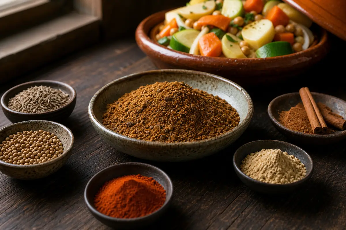 Ras el hanout bowl beside separate jars of cumin ginger paprika and cinnamon - ras el hanout in Moroccan cooking | KnowTheSpices