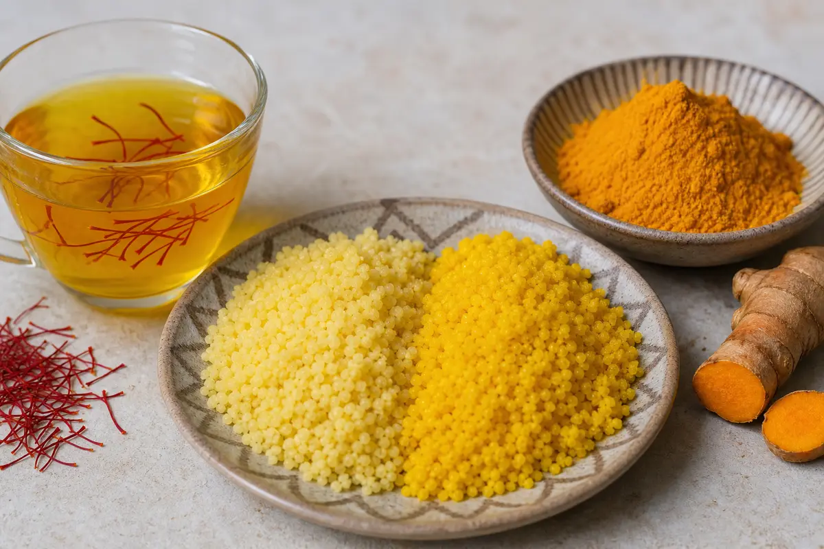 Golden saffron thread infusion beside earthy turmeric powder for Moroccan cooking - saffron versus turmeric | KnowTheSpices