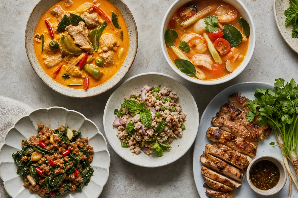 Thai curry tom yum larb basil stir-fry and grilled chicken with distinct aromatic sets - Thai spices by dish | KnowTheSpices