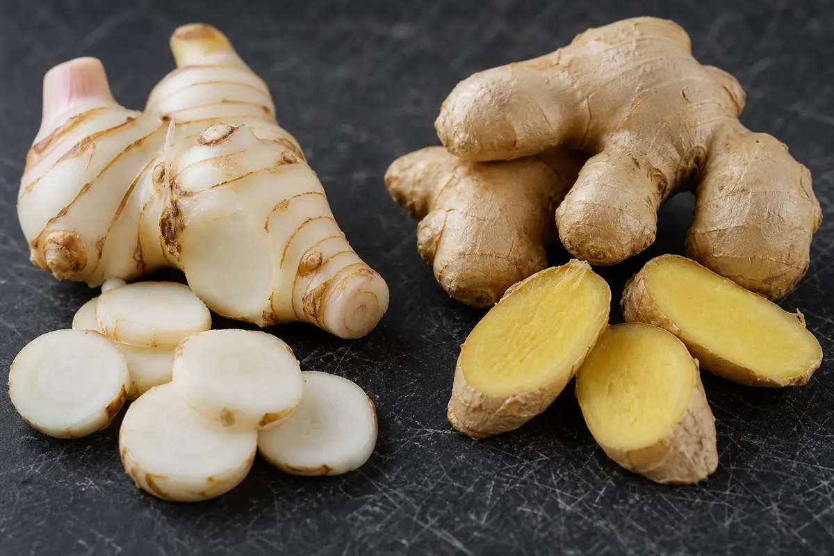 Pale ringed galangal beside tan juicy ginger with sliced interiors - galangal versus ginger | KnowTheSpices