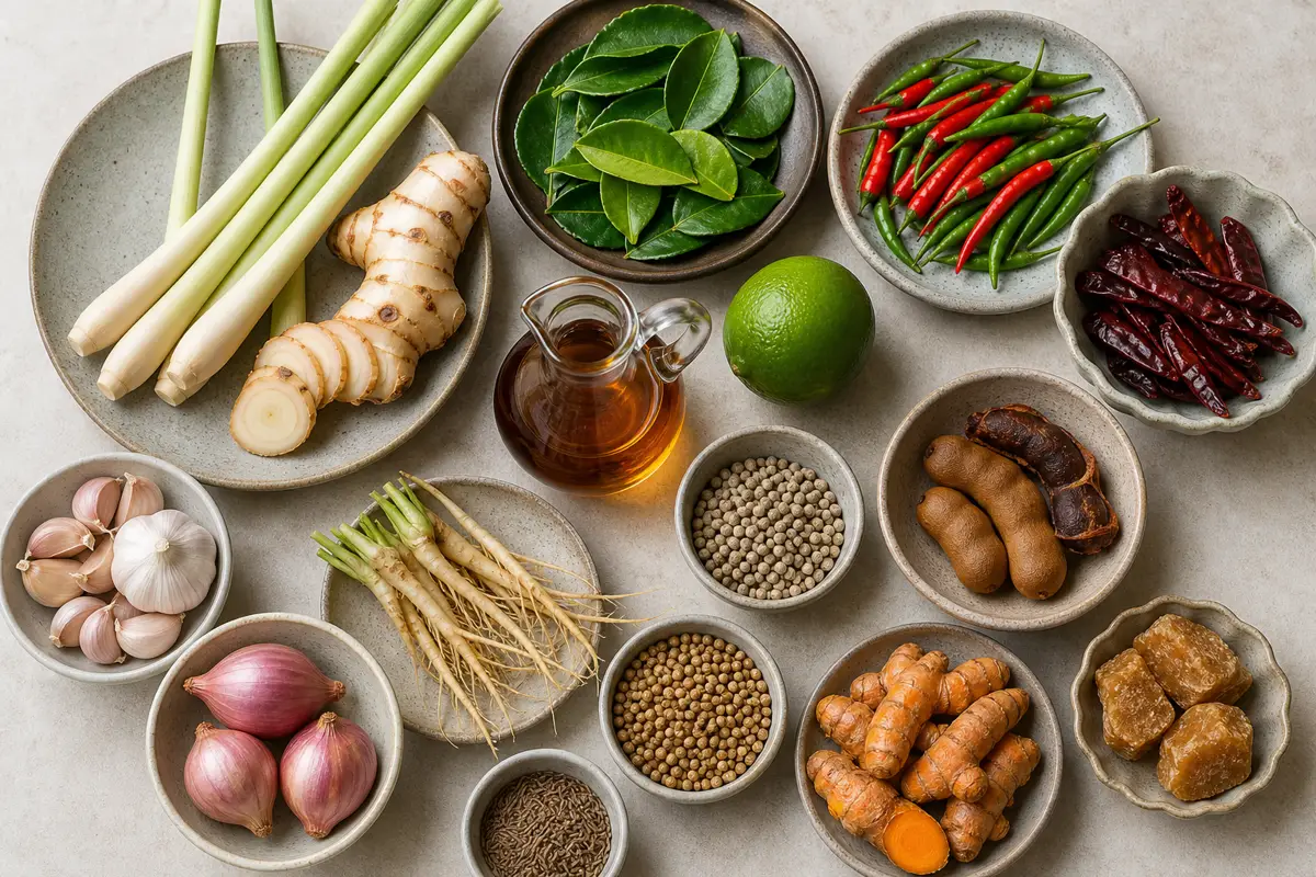 Thai lemongrass galangal makrut lime chiles coriander root garlic shallots and dry spices - essential Thai spices | KnowTheSpices