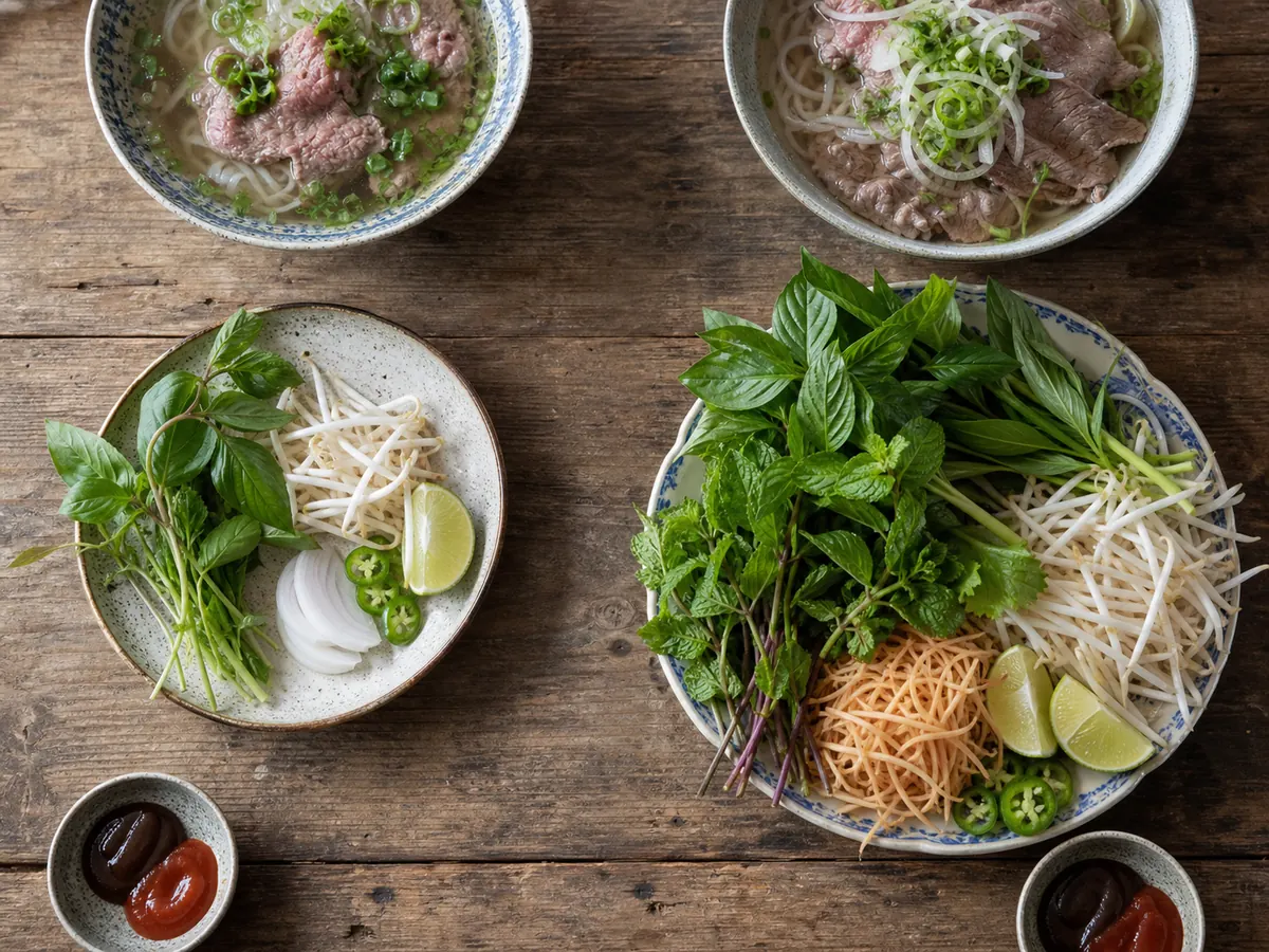 Two pho serving settings with restrained and abundant fresh herb plates - regional Vietnamese herbs | KnowTheSpices