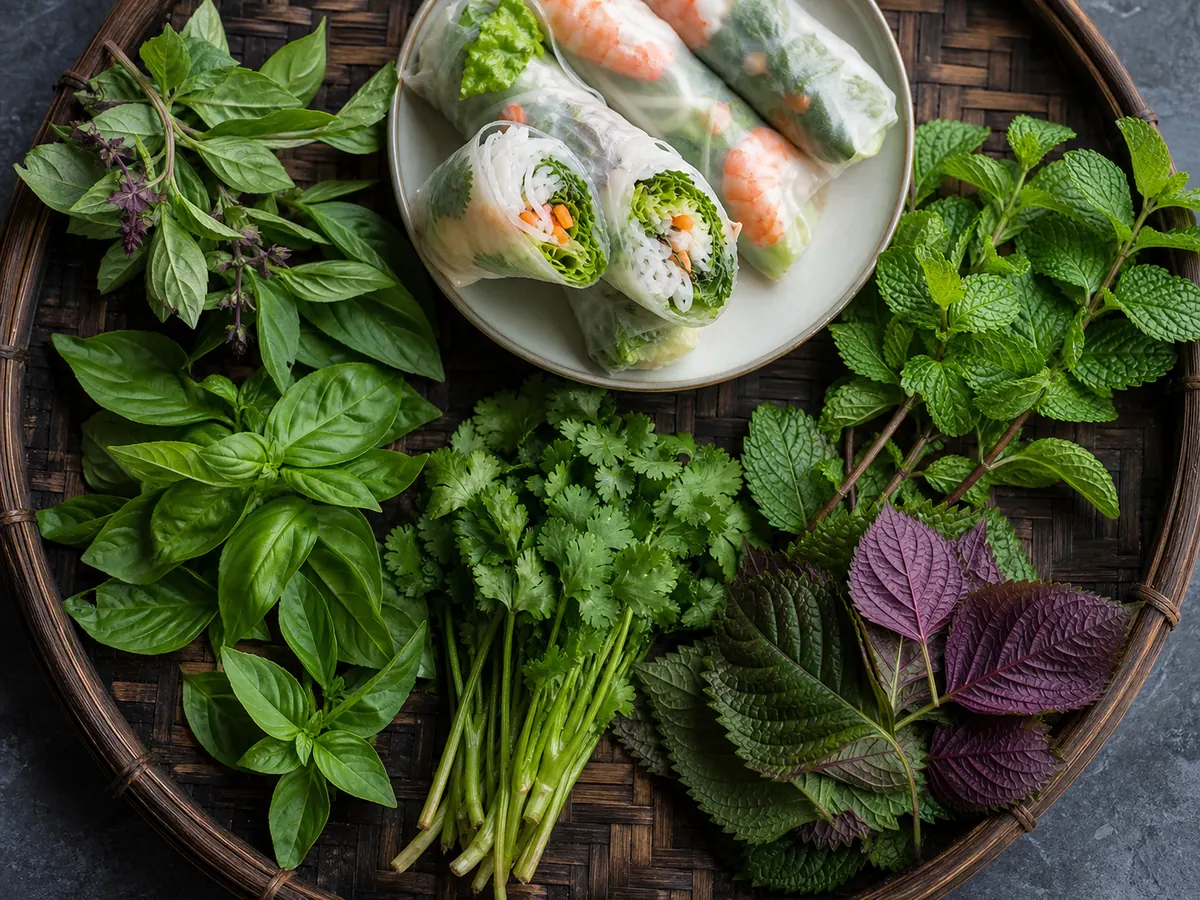 Thai basil, sweet basil, mint, cilantro, and perilla around Vietnamese fresh rolls - Vietnamese herb substitutions | KnowTheSpices
