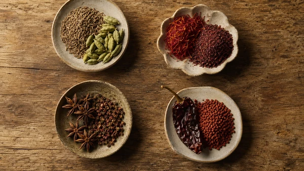 Regional spice dishes representing South Asian, Mediterranean, East Asian, and American cuisines